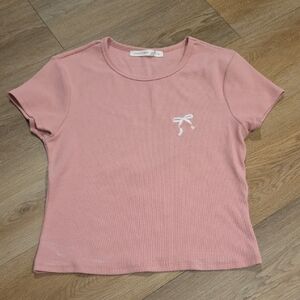 Altar'd State Pink Ribbed Tee with Embroidered Bow
